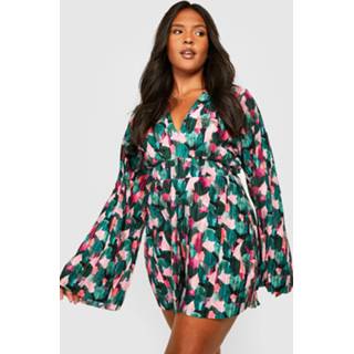 👉 Plus Abstracte Plisse Romper Met Wijde Mouwen, Black