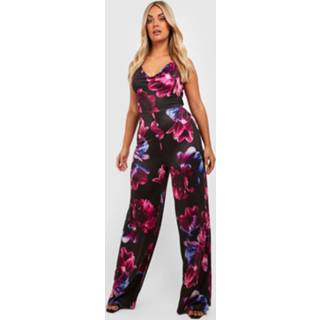 👉 Plus Strakke Gerecyclede Flared Bloemen Jumpsuit, Black