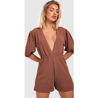 👉 Romper Met Textuur, Pofmouwen En Laag Decolleté, Chocolate