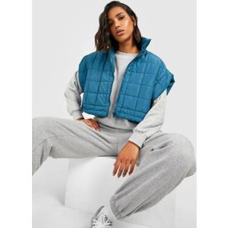 👉 Vierkante Gewatteerde Korte Bodywarmer Met Stiksels, Teal