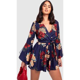 👉 Bloemenprint Romper Met Wijde Mouwen En Ceintuur, Navy