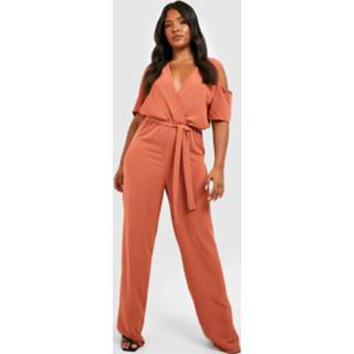 👉 Plus Geweven Jumpsuit Met Open Schouders En Ceintuur, Rust