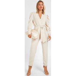 👉 Geweven Jumpsuit Met Volle Mouwen En Ceintuur, Stone