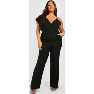 👉 Plus Geweven Wide Leg Jumpsuit Met Gedrapeerde Schouders, Black