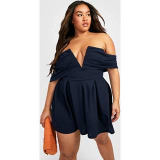 👉 Plus Losse Getailleerde Off Shoulder Romper, Navy