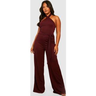 👉 Plus Halter Wide Leg Jumpsuit Met Ceintuur, Berry