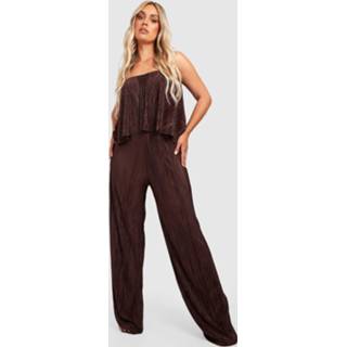 👉 Plus Plisse Wide Leg Jumpsuit Met Bandjes, Chocolate