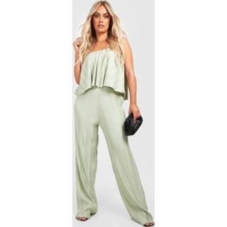 👉 Plus Plisse Wide Leg Jumpsuit Met Bandjes, Sage