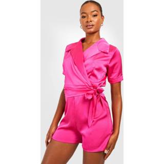 👉 Tall Satijnen Romper Met Revers Kraag En Ceintuur, Hot Pink