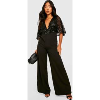 👉 Petite Glitter Wide Leg Jumpsuit Met Pailletten En Wijde Mouwen, Black