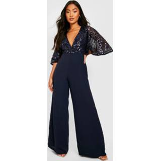 👉 Petite Glitter Wide Leg Jumpsuit Met Pailletten En Wijde Mouwen, Navy