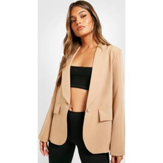 👉 Basic Geweven Blazer Met Enkele Rij Knopen, Laag Decolleté En Reverskraag, Camel