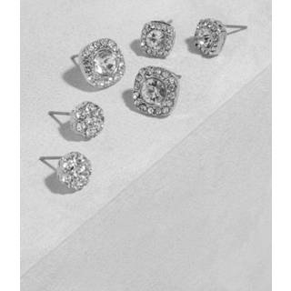 Oorknop zilveren zilver One Size Vierkante Oorknopjes Met Steentjes (3 Paar), Silver