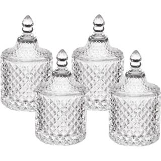 👉 Snoeppot transparant diamant glas 4x stuks snoeppotten/voorraadpotten 0,28L met deksel