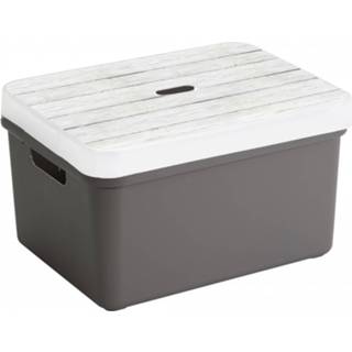 👉 Opbergbox taupe kunststof Opbergbox/opbergmand 32 liter met deksel