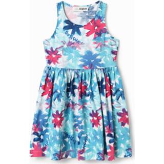 👉 Korte jurk blauw cotton vrouwen met aquarelbloemen - BLUE 7/8 8445110380567