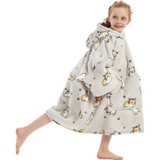 👉 Poncho grijs kinderen Kinder snuggie met capucohon - fleece kind katjes 9331632027570