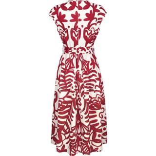 👉 Kunstvezels rood grafisch offwhite Midi-jurk met bindbandje Alba Moda Rood/Offwhite 4055711257157