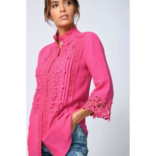 👉 Blous roze katoen effen knoopsluiting Blouse Van mousseline en luxueus kant Alba Moda Pink