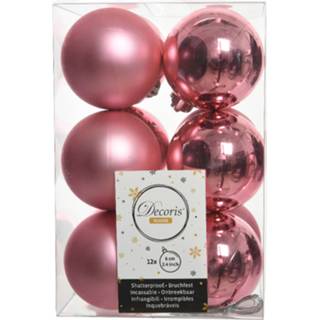 👉 Kerstbal roze kunststof glans active 12x stuks kerstballen lippenstift 6 cm glans/mat