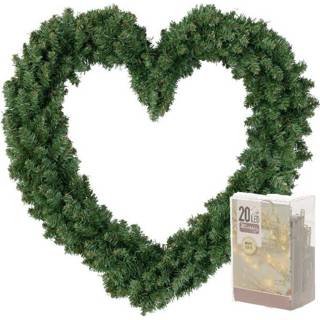 👉 Kerstversiering groen active kerstkrans hart 50 cm inclusief verlichting