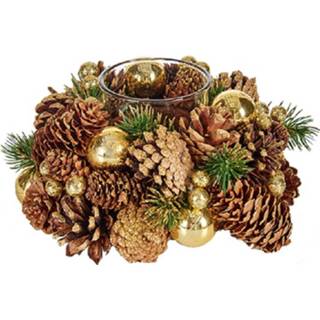 👉 Kaarsenhouder bruin goud active Kerst thema ornament met nature 18 cm