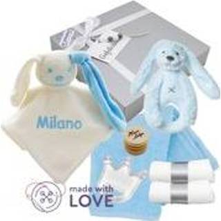 👉 Rammelaar baby's Babycadeaudoosje met en knuffeldoekje babyblauw naam 6013742194122