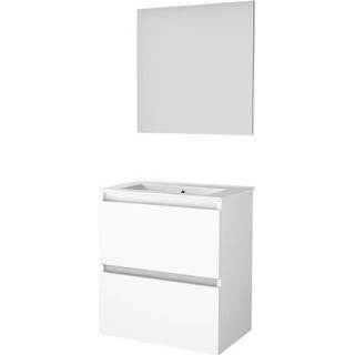 Badmeubelset wit porseleinen MDF lak ice white Basic-Line Basic 39 - 60x39cm greeploos 2 lades wastafel 1 kraangat Spiegel 1810009 8718835108410
