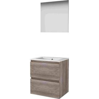 👉 Badmeubelset porseleinen MFC scotch oak Basic-Line Basic 46 - 60x46cm greeploos 2 lades wastafel 1 kraangat Spiegel 1810065 8718835108977