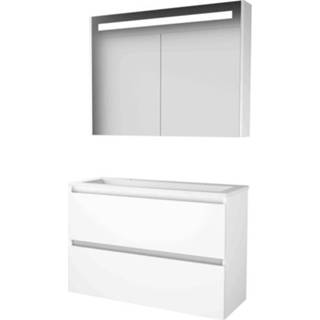 👉 Badmeubelset wit acryl MDF lak ice white Basic-Line Premium 39 - 100x39cm greeploos 2 lades wastafel kraangaten Spiegelkast geintegreerde LED verlichting 1810342 8718835111748