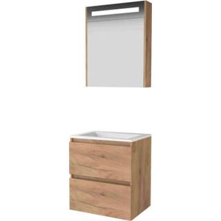 👉 Badmeubelset acryl MFC Whisky Oak Basic-Line Premium 46 - 60x46cm greeploos 2 lades wastafel 0 kraangaten Spiegelkast geintegreerde LED verlichting 1810484 8718835113162