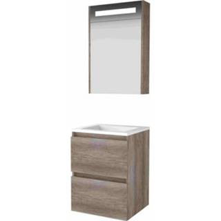 👉 Badmeubelset acryl MFC scotch oak Basic-Line Premium 46 - 50x46cm greeploos 2 lades wastafel 0 kraangaten Spiegelkast geintegreerde LED verlichting 1810479 8718835113117