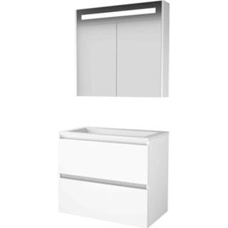 👉 Badmeubelset wit acryl MDF lak ice white Basic-Line Premium 46 - 80x46cm greeploos 2 lades wastafel 0 kraangaten Spiegelkast geintegreerde LED verlichting 1810489 8718835113216