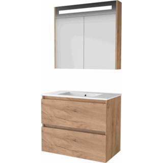 👉 Badmeubelset porseleinen MFC Whisky Oak Basic-Line Premium 46 - 80x46cm greeploos 2 lades wastafel 1 kraangat Spiegelkast geintegreerde LED verlichting 1810112 8718835109448