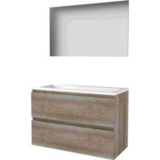 👉 Badmeubelset acryl MFC scotch oak Basic-Line Basic 46 - 100x46cm greeploos 2 lades wastafel 1 kraangat Spiegel 1810401 8718835112332