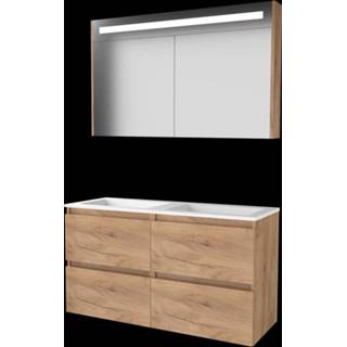 👉 Badmeubelset acryl MFC Whisky Oak Basic-Line Premium 46 - 120x46cm greeploos 4 lades wastafel 0 kraangaten Spiegelkast geintegreerde LED verlichting 1810505 8718835113377