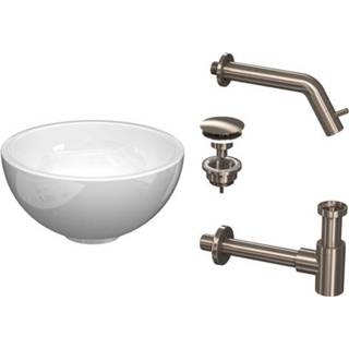 👉 Wandkraan porselein glans wit Proline Top Fonteinpack kom porselein, wandkraan, design sifon en afvoerplug 24x24x12cm wit/Br nickel 1805252 8718835127626