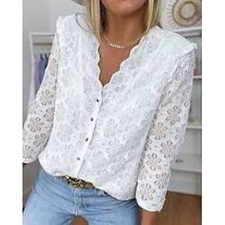 👉 Damesblouse wit vrouwen Dames Blouse Overhemd Effen Kant nappi Lange mouw Dagelijks Weekend Streetwear Casual V-hals Normaal S miniinthebox