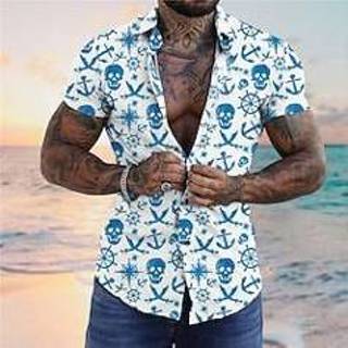 👉 Herenoverhemd blauw mannen Voor heren Overhemd Hawaiiaans Bloemig Doodskoppen Grafische prints Strijkijzer Abrikoos Straat Casual Korte Mouw Button-omlaag Afdrukken Kleding Tropisch Modieus Hawaii Ontwerper miniinthebox