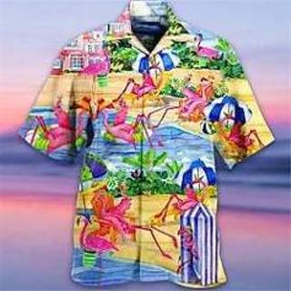 👉 Herenoverhemd blauw groen mannen Voor heren Overhemd Hawaiiaans Flamingo Grafische prints Bladeren Strijkijzer Casual Feestdagen Korte mouw Button-omlaag Afdrukken Kleding Tropisch Modieus Hawaii Zacht miniinthebox