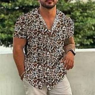 👉 Herenoverhemd geel blauw mannen Voor heren Overhemd Hawaiiaans Luipaard Grafische prints Strijkijzer Straat Casual Korte Mouw Button-omlaag Afdrukken Kleding Tropisch Modieus Hawaii Ontwerper miniinthebox