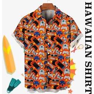 👉 Herenoverhemd geel rood mannen Voor heren Overhemd Hawaiiaans Spel Grafische prints Spelcomputer Gamepad Strijkijzer Straat Casual Korte Mouw Button-omlaag Afdrukken Kleding Tropisch Modieus Hawaii Ontwerper miniinthebox