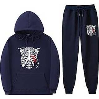 👉 Trainingspak roze rood marineblauw groen katoen mannen Voor heren sweatsuit Joggingpakken Blozend Wijn Donkergroen Capuchon Skelet Zak 2-stuks Afdrukken Sport Outdoor Dagelijks Streetwear Stoer Casual Herfst miniinthebox