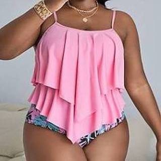 👉 Tankini roze vrouwen Dames Zwemkleding 2 stuks Grote maten Zwempak Ruche 2-stuks Effen Kleur Blozend Badpakken Sportief Zomer miniinthebox