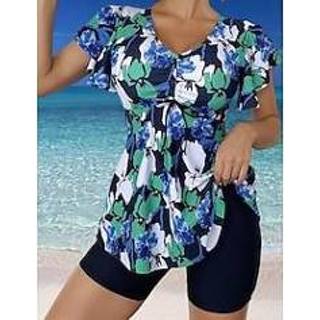👉 Tankini roze rood blauw groen vrouwen Dames Zwemkleding 2 stuks Normaal Zwempak 2-stuks Opdrukken Flora Blozend Badpakken Sportief Zomer miniinthebox