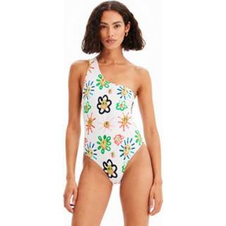 👉 Badpak wit elastane XL vrouwen met asymmetrisch bandje en zonnen - WHITE 8445110395059