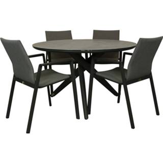 👉 Terrastafel aluminium grijs Qopps Zukla 120 cm rond tuintafel met Fubar stapelbare tuinstoel