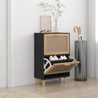 👉 Schoenenkast zwart hout 52x25x80 cm bewerkt en rattan 8720287102694