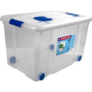 👉 Opbergbox transparant blauw kunststof Opbergbox/opbergdoos met deksel en wieltjes 55 liter transparant/blauw