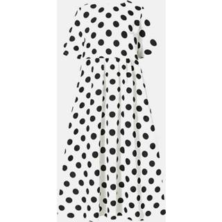 👉 Short sleeve s polyester vrouwen wit Dot Print Pleated Pocket Crew Neck Dress